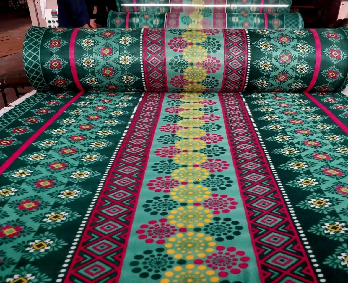 Snow fleece dohar fabric in a green panel print